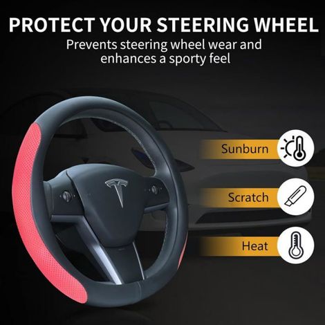 Housse Volant Tesla Model 3 Y Cuir Nappa Noir Rouge 38cm Protection Volant Sport Anti Dérapante Respirante Accessoire (1/4)