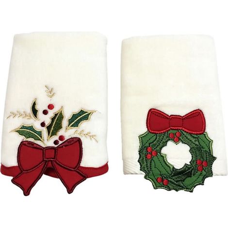 Serviette De Cuisine - Motif Guirlande Et Nœud De Noël - Coton 100 % - 65 x 36 cm - Blanc - Lot De 2 (1/5)