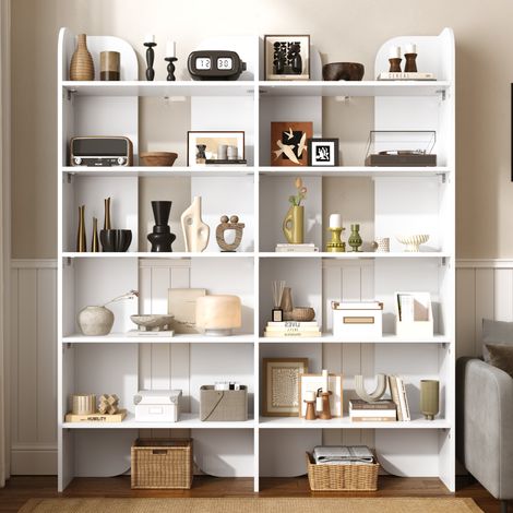 Bibliothèque 5 Niveaux 160x135x25cm, Ouverte, Taille Fine, Étagères avec Séparations, 40kg, pour Salon, Bureau, Chambre, Blanc (1/4)