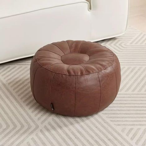 Housse de coussin ronde en similicuir de grande capacité pour tabouret de canapé - À remplir - Minimaliste - Marron (1/5)