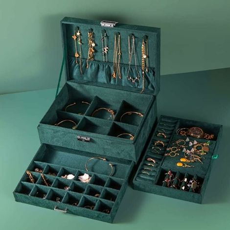 Portagioie a 3 ripiani, con cassetti e vassoio porta orologi, regalo per ragazze, portagioie da viaggio per donne, in flanella, per anelli, orecchini, collane e orologi, di DEBUNS (1/5)
