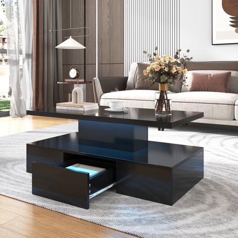 Table basse, table avec tiroirs, finition brillante, table d'appoint avec deux niveaux de rangementM, Avec lumière LED, Noir (1/5)