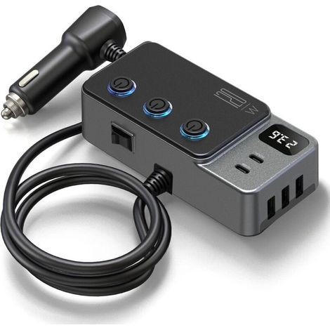 Car Cigarette Lighter, 1-3 Sockets 120W, Independent Switch, 3 USB Ports, Mobile Phone Charger (1/4)