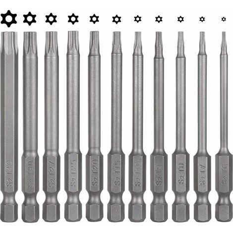 Lot de 11 embouts de tournevis Torx - 75 mm - En acier S2 - Magnétique - 6 pans - T6 T7 T8 T9 T10 T15 T20 T25 T27 T30 T40 - Embouts Torx électriques pour vis profilées en T (1/5)