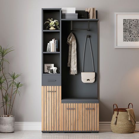 Tkopy - Meuble entree, vestiaire d'entrée, dressing compact, ensemble de dressing, avec crochets, étagères à plusieurs niveaux, avec un meuble à chaussures et un banc dans l'entrée, 80×35×175 cm, Noir (1/5)