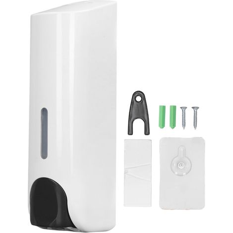 Distributeur de savon mural blanc 350ml, sans perçage, adhésif double face, ABS, pour salle de bain et cuisine (1/5)