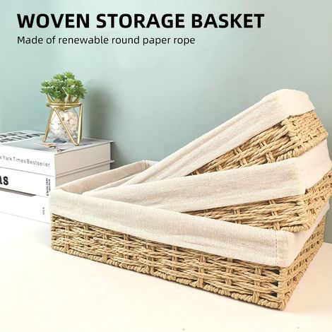 Lot de 3 paniers de rangement en rotin tissé main - Corbeilles gigognes beiges en fibre papier pour une décoration intérieure organisée