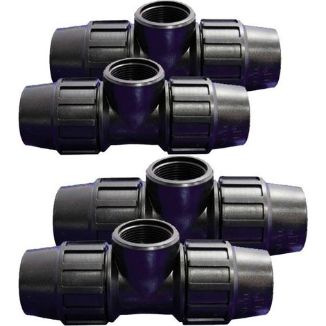 Lot de 4 Raccord plastique Té Femelle 1'' au centre pour tube PE 32 mm, Raccords polyéthylène DVGW/KIWA/WRAS/AENOR