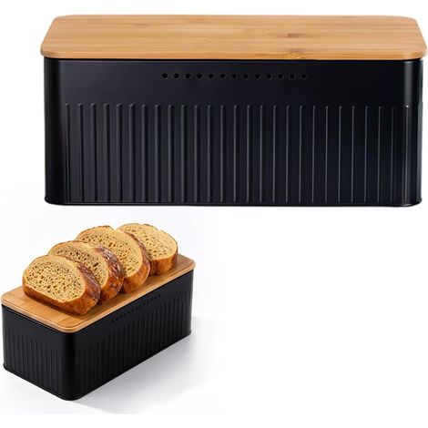 Boîte à pain en métal avec planche à découper, boîte de rangement 2 en 1 avec couvercle en bambou, petite boîte à pain pour une fraîcheur longue durée, 33 x 18 x 13,5 cm (noir) (1/5)