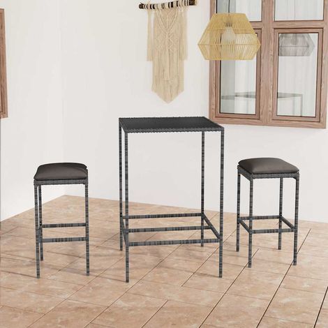 Ensemble Table de bar + 2 Chaises de bar de jardin - Table Haute avec 2 Tabourets et coussins Résine tressée Gris BV187392 - BonneVie (1/5)