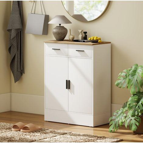 Sideboard Holz/Spanplatte Weiß-Naturholzoptik 68,6x35x90,3 cm mit 2 Schubladen, Schrank und verstellbarem Regal (1/5)
