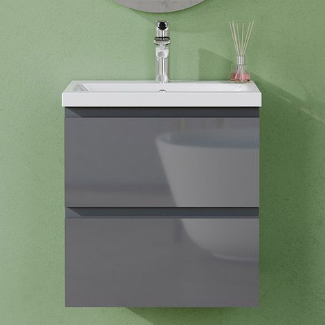 AVER-GROWTH 500mm Gloss Grey Bathroom Vanity Unit With Wash Basin Ceramic Sink, 2 Soft-Close Drawers for Storage, Wall Hung Cabinets (1/5)