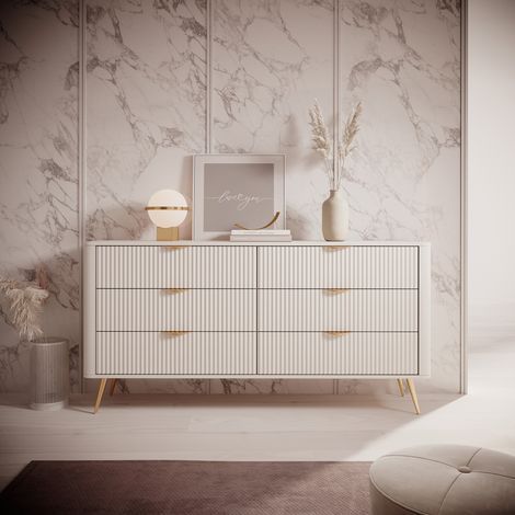 Credenza Hali, Aparador 6 Cajones, un Estante, Apertura Corredera, 163x38x81h cm Beige (1/5)