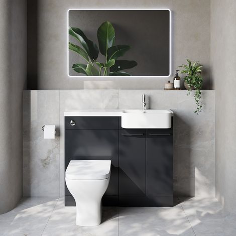 Napoli 250 Gloss Grey 1000mm 2 Door Vanity Unit Toilet Suite with Right Hand Round Rico Semi Recessed Basin - 1000mm - Chrome 160mm HandleWith Kingston Toilet Pan and Seat