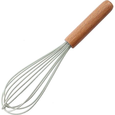 (Vert) Batteur à œufs de 25 cm avec manche en bois, fouet réutilisable en silicone, mélangeur à œufs manuel, mousseur à lait pour la pâtisserie (1/5)