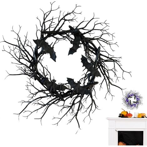 Couronne de Branches Halloween Décoration lumineuse artificielle 45 cm pour Couronne Halloween Chauve-souris Noire Pour Porte D'Entrée Porche Jardin Arrière-Cour Cour Patio Ferme Cl (1/5)