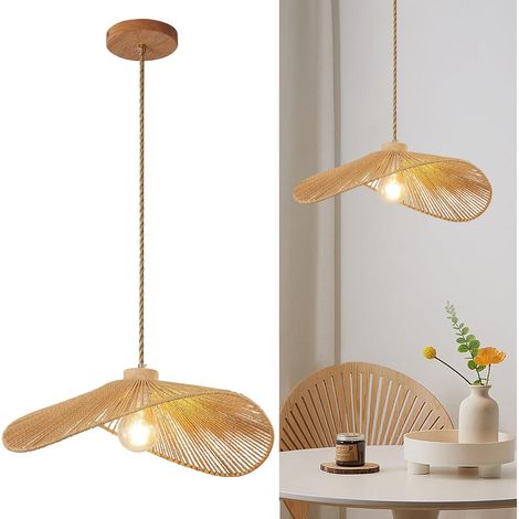 Suspension bohème, lustre en corde de chanvre tressée à la main, lampe suspendue de style wabi-sabi, plafonnier avec ampoule, lumière chaude, φ40cm (1/5)