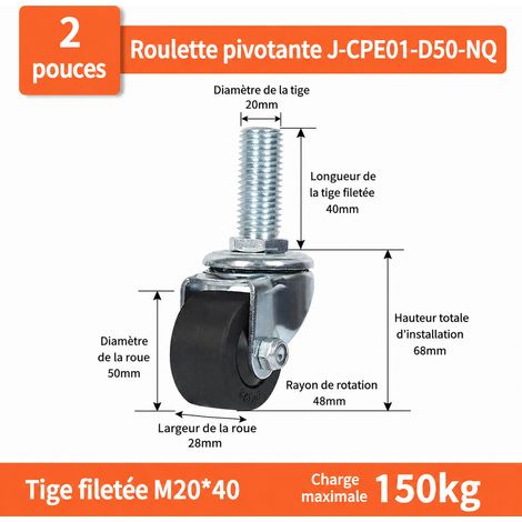 Roulette industrielle pivotante nylon 50 mm tige filetée M2040 J-CPE01-D50-NQ charge 150 kg j-cpe01-d50-nq m20 40 2 kg – Livraison gratuite