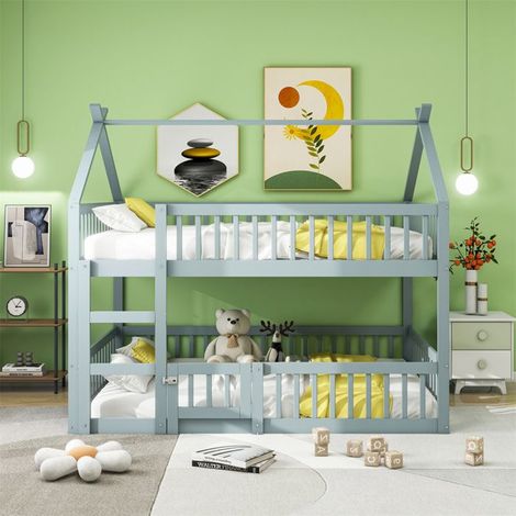 Lit familial superposé 140x200 cm style loft gris avec escalier – bois massif + métal (sans matelas) (1/5)