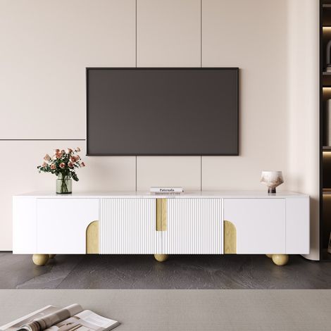 Mobile TV basso 180x40x44 cm - Design moderno bianco e legno con piano effetto marmo - Bianco e rovere (1/5)