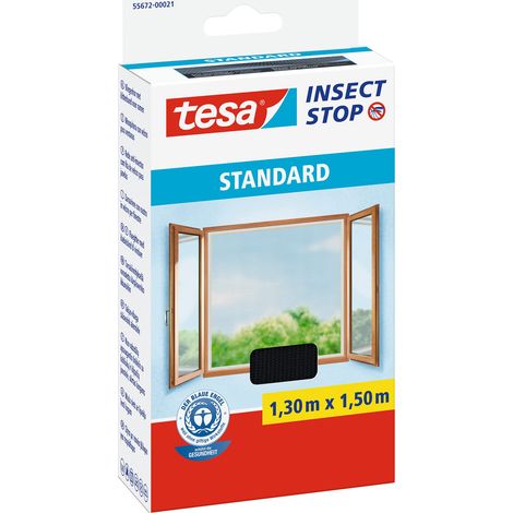 Tesa Insect Stop Zanzariere Attacca & Stacca STANDARD per Finestre - Zanzariera Adesiva - Rete per Zanzariera Regolabile a Piacere - Antracite, 130 cm x 150 cm (1/4)