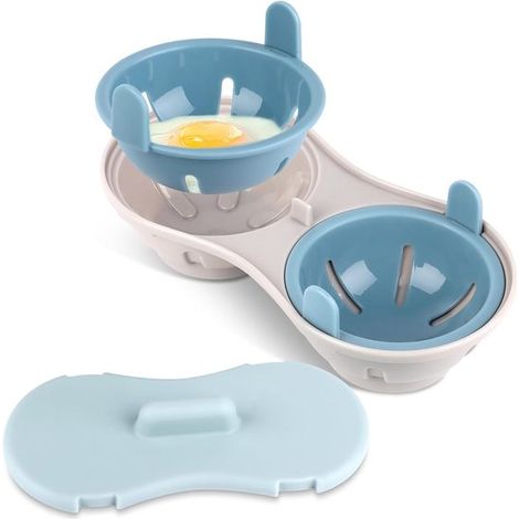 Olla para cocinar huevos al vapor en el microondas con forma de huevo y tapa, para 2 raciones de huevos sencillos cocinados en el microondas.
