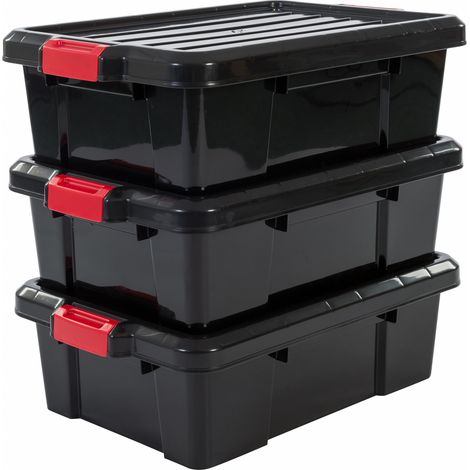 Iris Ohyama, Boîtes de rangement plastique avec couvercle et fermeture à Clips, 25L, Lot de 3, Empilables, Emboîtable, Sans BPA, Grenier, Cabanon, Garage, Garage, SK-230, Noir