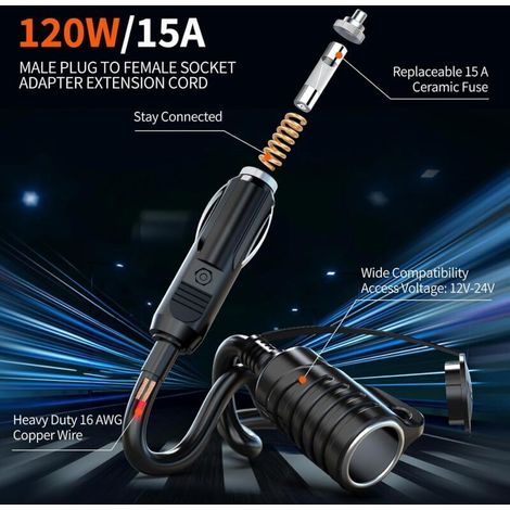 5M Rallonge Allume Cigare,12 V/24 V Prise Allume Cigare, 16 AWG, avec Fusible 15A pour Voiture, Moto, Bateau, Camion, d'aspirateurs de Voiture, Réfrigérateurs de Voiture (5M) (1/5)