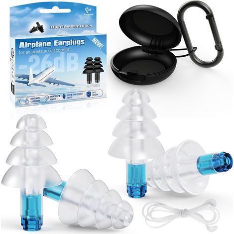 Bouchon Oreille Avion, 2 Paires Bouchons d’Oreilles Enfants 6+ et Adultes/Canal Auditif Étroit, 26dB, s Silicone avec Cordon, Protection Auditive pour Avion, Moto, Concert, Voyage, Bruit (1/5)
