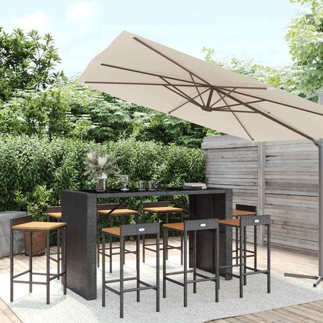 Ensemble de bar jardin 9 pcs-Bar d'extérieur noir poly rotin/bois massif acacia 837866 (1/5)