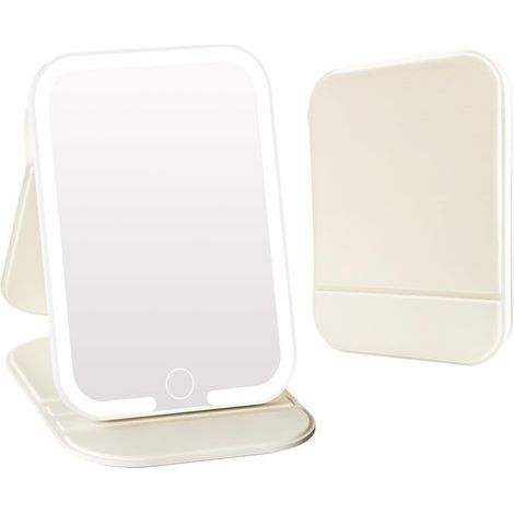 Wiederaufladbarer Reisespiegel mit 3-farbiger Beleuchtung – LED-Schminkspiegel – Helligkeit per Berührung einstellbar – Tragbarer Kosmetikspiegel – Reiseaccessoire für Damen – Beige (1/5)