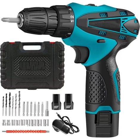 Ortviai – Perceuse à percussion sans fil 12 V – couple 32 N·m, 2 vitesses, 2 batteries et chargeur – compatible perçage bois, métal et maçonnerie – coffret plastique (1/5)