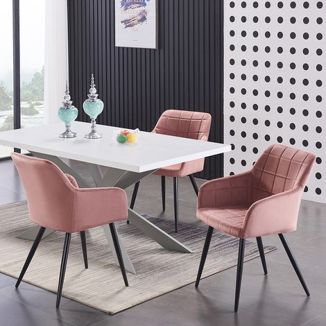 Duke LUX Camden Esszimmerset – ein weißer Esstisch aus Holz und ein Set mit 4 rosa Esszimmerstühlen aus Samt – Esszimmer Küche