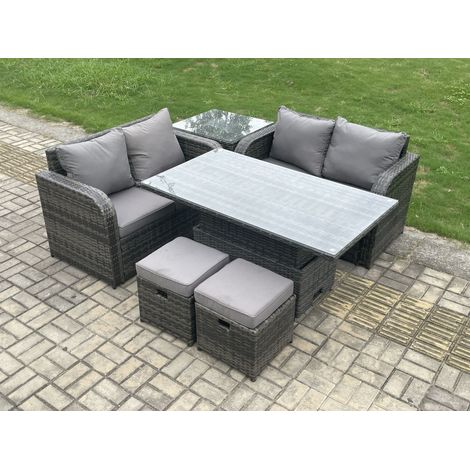 Fimous Outdoor Rattan Furniture Garden Dining Set Height Adjustable Rising lifting Table Love Sofa Set With Side Table 2 Small Footstool Dark Grey Mixed (1/5)