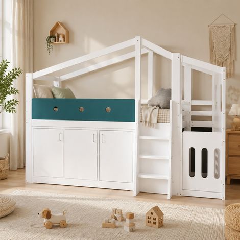 Cama alta 90x200 cm en forma de casa, blanca, con zona de juegos y almacenaje (1/5)