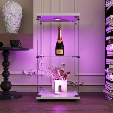 Vetrina in vetro temperato con illuminazione LED, porta, 2 ripiani, struttura in legno, serratura e chiavi, mobile vetrina per ufficio, soggiorno e cucina - Bianco