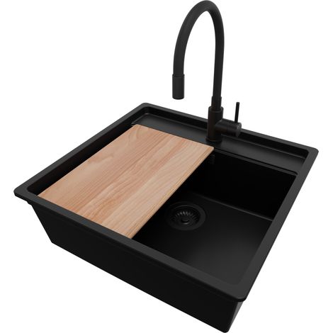 PRIMAGRAN Evier Sous Plan 56x53cm, Evier en Granit 1 bac + Robinet 40x38cm + Kit de Vidage + Planche à Découper, Évier au meuble 60cm - Bergen, Tout Noir (1/5)