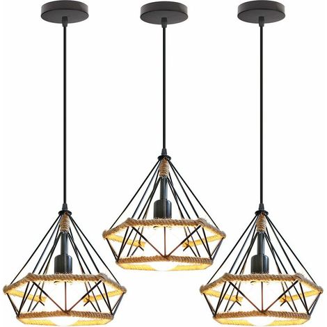 3x Suspension design cage diamant rétro , Lustre corde de chanvre style industriel métal, E27 éclairage plafond vintage Ø25cm , Noir - Noir BLOW (1/5)