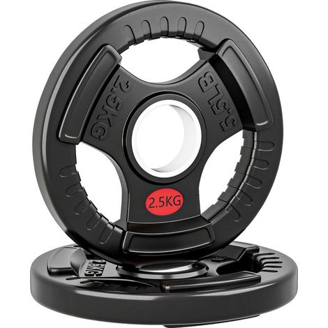 Set of 2 discs of musculation of 2,5 kg with hole of 5 cm and 3 handles, in steel with coating plastic, characters. (1/5)