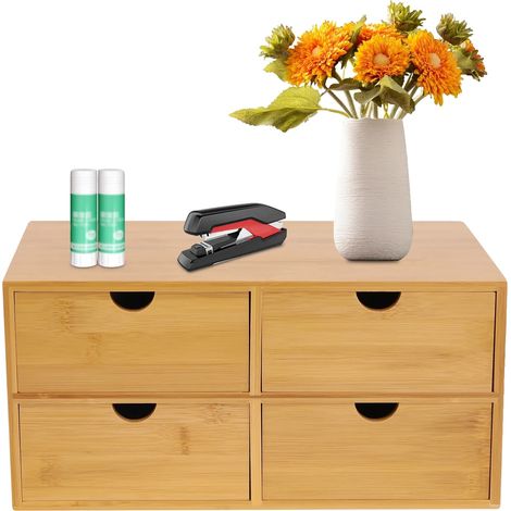 Organisateur de bureau, en bambou de haute qualité, 15 x 10 x 6 pouces, capacité de 4 tiroirs, facile à nettoyer, design élégant (1/5)