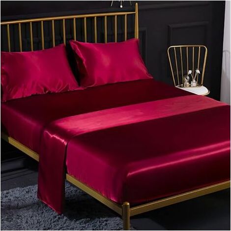 Ensemble 4 Pièces de Draps de Lit en Satin Couleur Unie 1 x Drap Housse 198203 cm 2 Personnes avec Grand Bonnet de 35 cm, 1 x Drap Plat et 2 x Taie d'oreiller, Rouge Bordeauxdengyank (1/4)