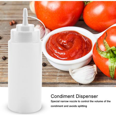 Distributeur de condiments en plastique blanc, 460 ml, lot de 10, pour sauces, huiles, crèmes et vinaigres. (1/5)