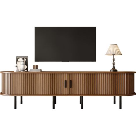 Meuble TV rectangulaire avec portes coulissantes, 2 compartiments ouverts, meuble multimédia pour salon, en MDF, pieds en métal, angles arrondis, style moderne