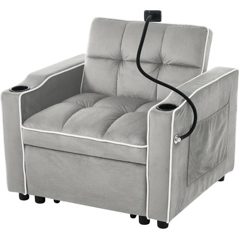 3-in-1 Schlafsofa Ausziehbar in Samt mit 2 Becherhaltern, Handyhalter, Antikgrau Weiss 83 × 167 × 76 cm (1/5)