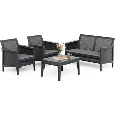 Genf Gartenset, Outdoor-Sofa für 4 Personen, ein Tisch, UV-beständig, Schwarz-Anthrazit