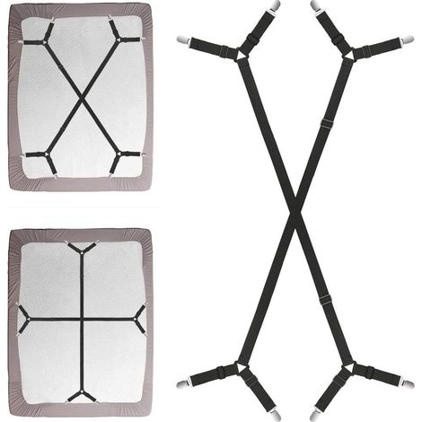 Sujetadores para sábanas bajeras, 2 unidades, correas cruzadas ajustables para sábanas bajeras y fundas de colchón.