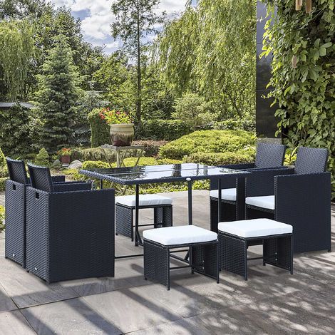 Ensemble de jardin noir polyrattan pour 8 personnes, mobilier de repas extérieur pour grande terrasse (1/5)
