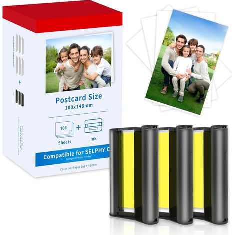 Remplacer Pour Canon Selphy cp1500 cp1300 Papier Photo KP-108IN 3115B001(AA) Cartouche et Papier, Compatible Selphy CP1500 CP1300 CP1200 CP910, 3 Cartouche d'encre avec 108 Papiers (100 x 148 mm) (1/5)