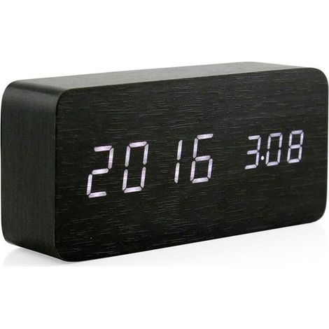 Réveil numérique en bois, réveil intelligent multifonctionnel, réveil lumineux LED avec alimentation USB, commande vocale et thermomètre - noir (1/4)