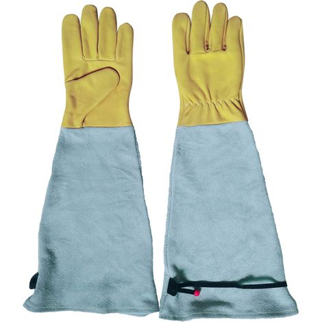 Gants de jardin en cuir de chèvre, longs, anti-épines, résistants aux coupures, jaunes et naturels, taille S (40 cm). (1/5)